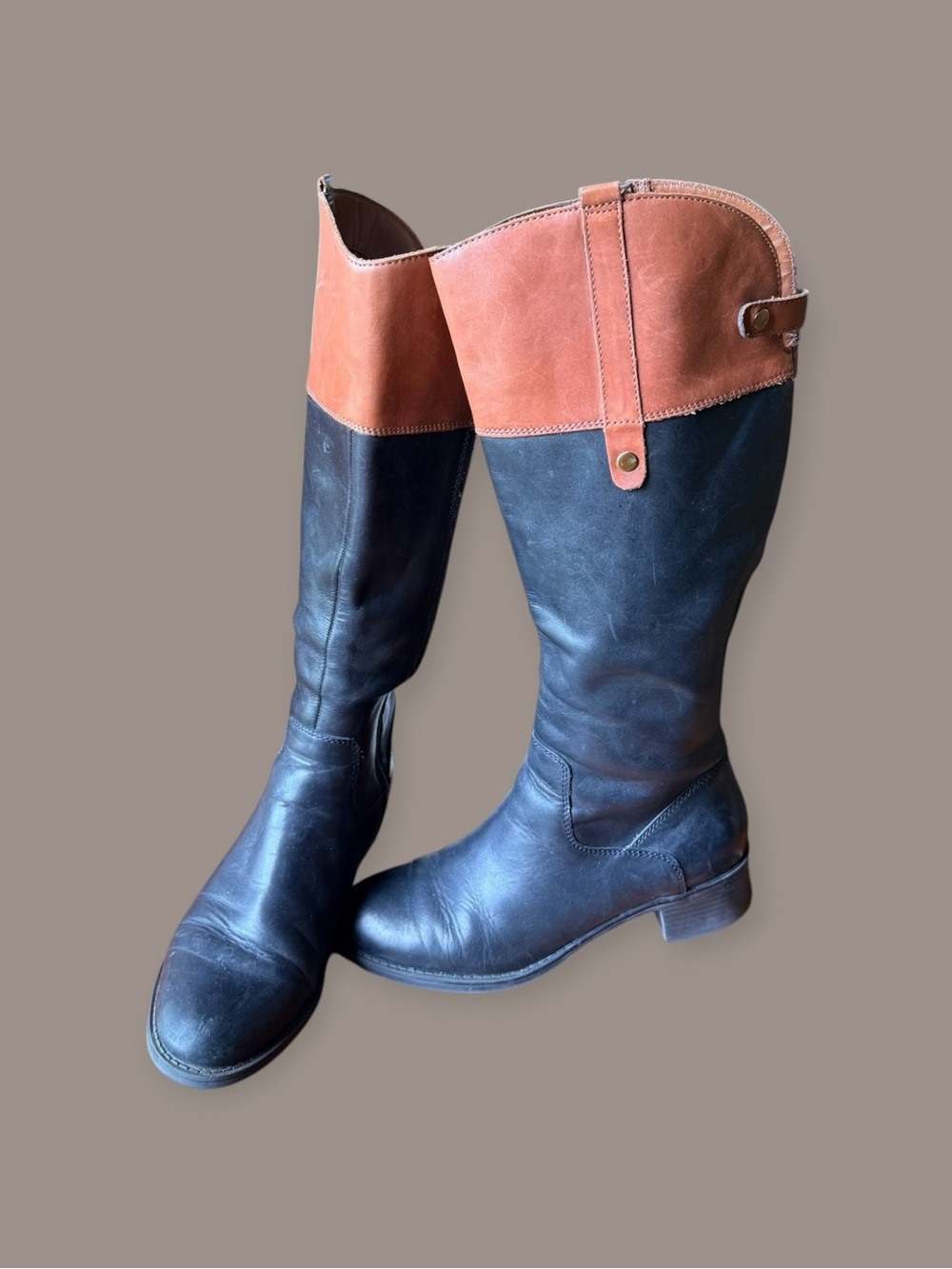 Franco Sarto Two-Tone Black and Brown Tall Leather Riding Boots